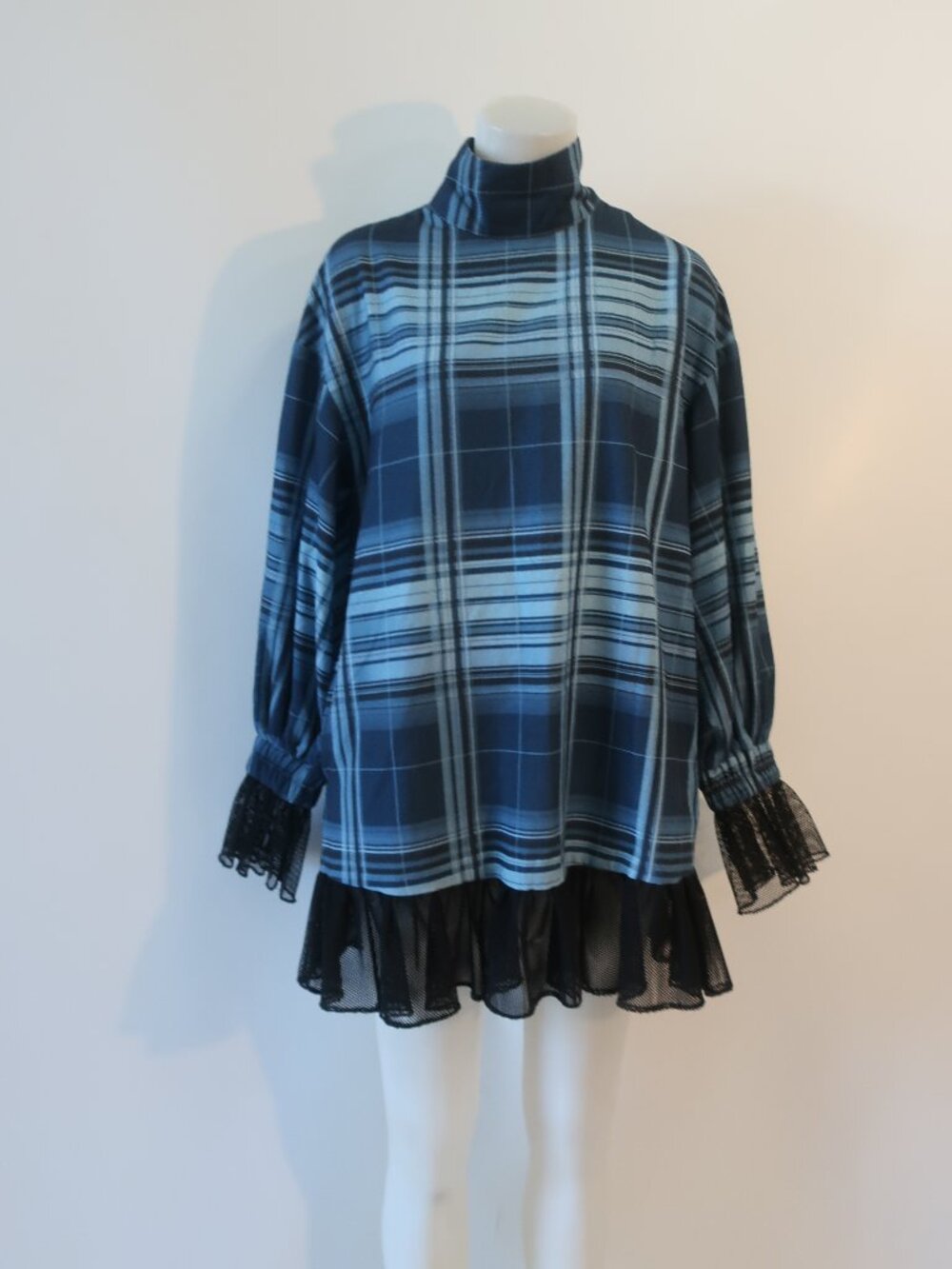 NWT Womens Yohers Blue Plaid Fishnet Trim Long Sleeve Dress XS